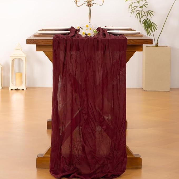 Socomi 3pcs Burgundy Red Summer Cheesecloth Table Runner Boho Rustic Gauze 120 inch 10FT Cheese Cloth Sheer Runner for Wedding Party Baby Shower Birthday Home Decor Holiday Decorations