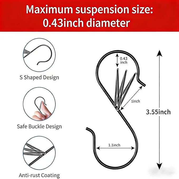 10 Pack 3-1/2 inches S Shape Hooks Heavy-Duty Metal Hanging Hooks Apply Kitchenware Bathroom Utensils Plants Towels Gardening Multiple uses Tools(Black)