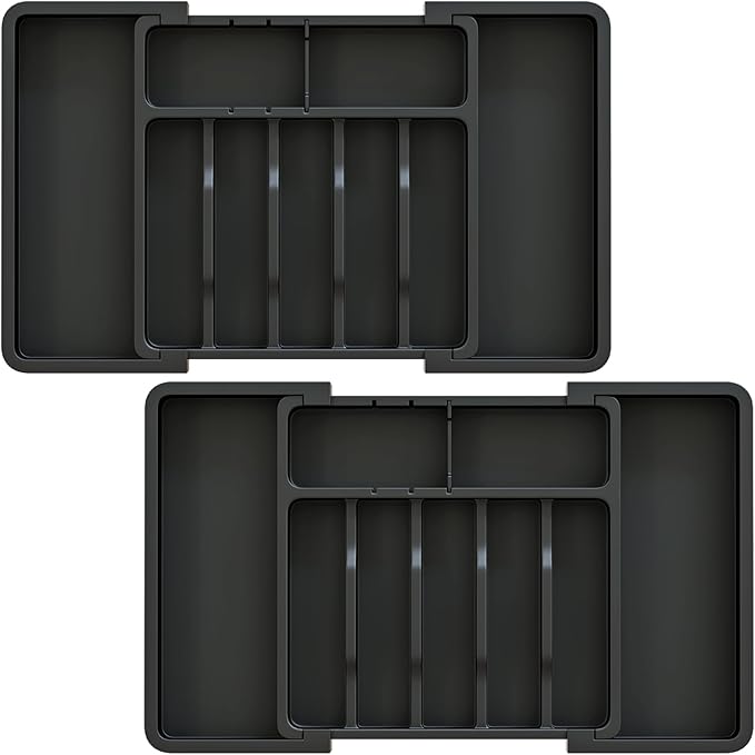 2 Pack Silverware Organizer, Expandable and Adjustable Kitchen Utensil Drawer Organizer, Plastic Cutlery Holder with Multiple Compartments, Cutlery Holder, for Spoons Forks Knives, Black, UAFD012B