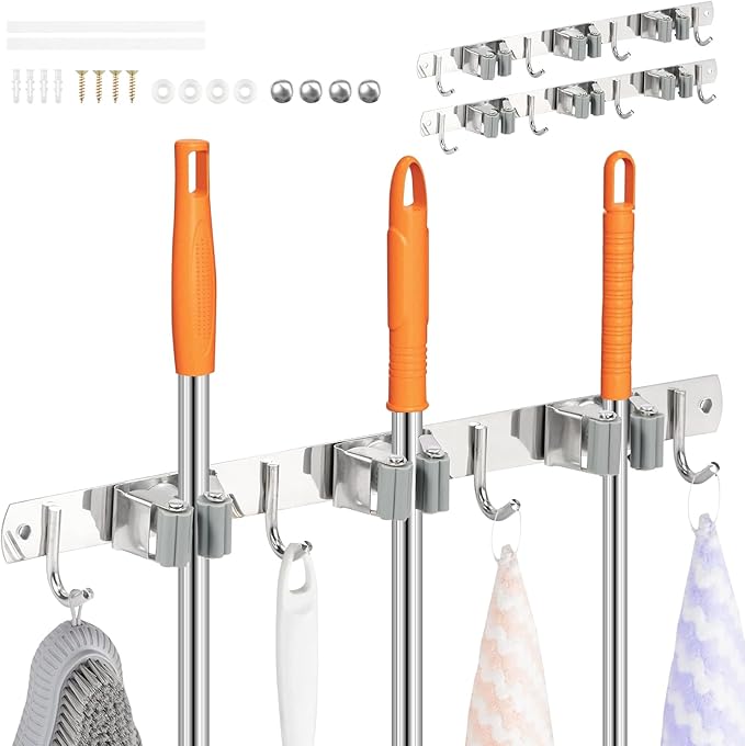2 Pack Broom Holder Wall Mount 3 Racks 4 Hooks Stainless Steel Broom Mop Holder Anti Slip Storage Rack Strong Load Bearing Waterproof Broom and Mop Organizer Wall Hanging for Bathroom Kitchen Garage