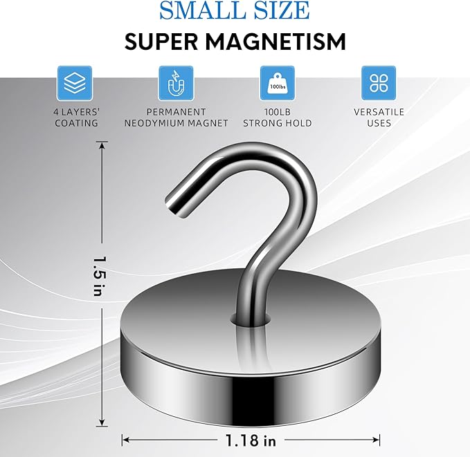 Neosmuk Magnetic Hooks, Cruise Ship Essentials, 100lb+ Heavy Duty Magnetic Hooks for Cruise Cabins, Refrigerator, Grill, Hanging, and Travel | Extra Strong Must-Have Magnet Hook, Grey, Pack of 20
