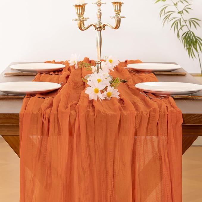 Socomi 3pcs Orange Cheesecloth Table Runner Summer Boho Rustic Gauze 120 inch 10FT Cheese Cloth Sheer Runner for Wedding Party Baby Shower Birthday Home Decor Holiday Decorations