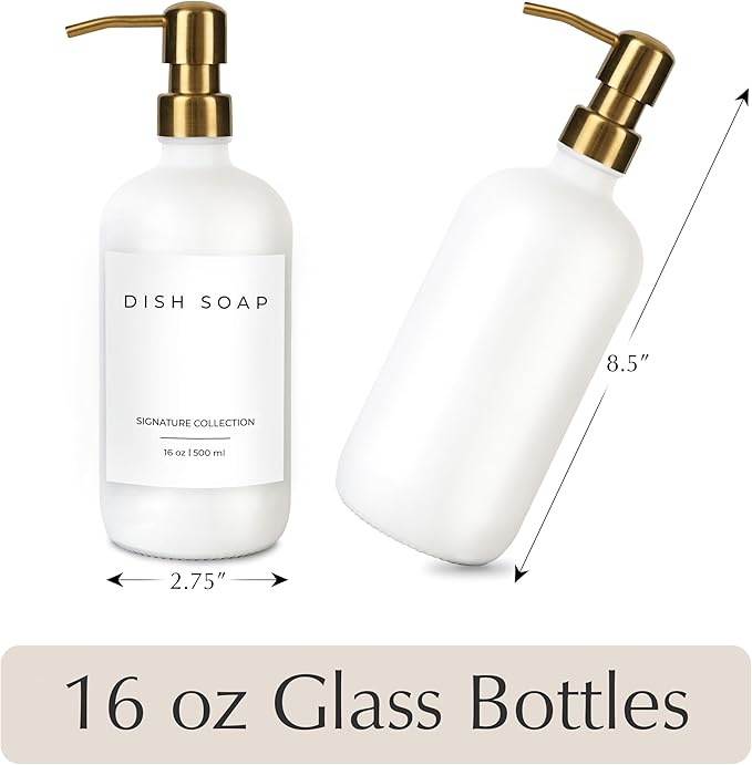 Emerson Essentials Soap Dispenser, Dish Bottle Dispenser for Kitchen, Farmhouse Hand Soap Dispenser, Kitchen Set, Glass Bottles with Pump and Labels | 16 Oz, 2-Pack