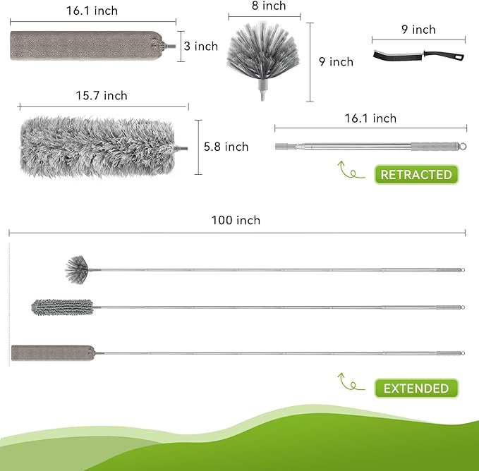 100-inch Duster with Extension Pole, 9-in-1 Cobweb Duster Kit Includes Spider Web Brush & Flat Gap Cleaner for High Ceiling, Fan, Under Appliances, Car, Home Deep Cleaning