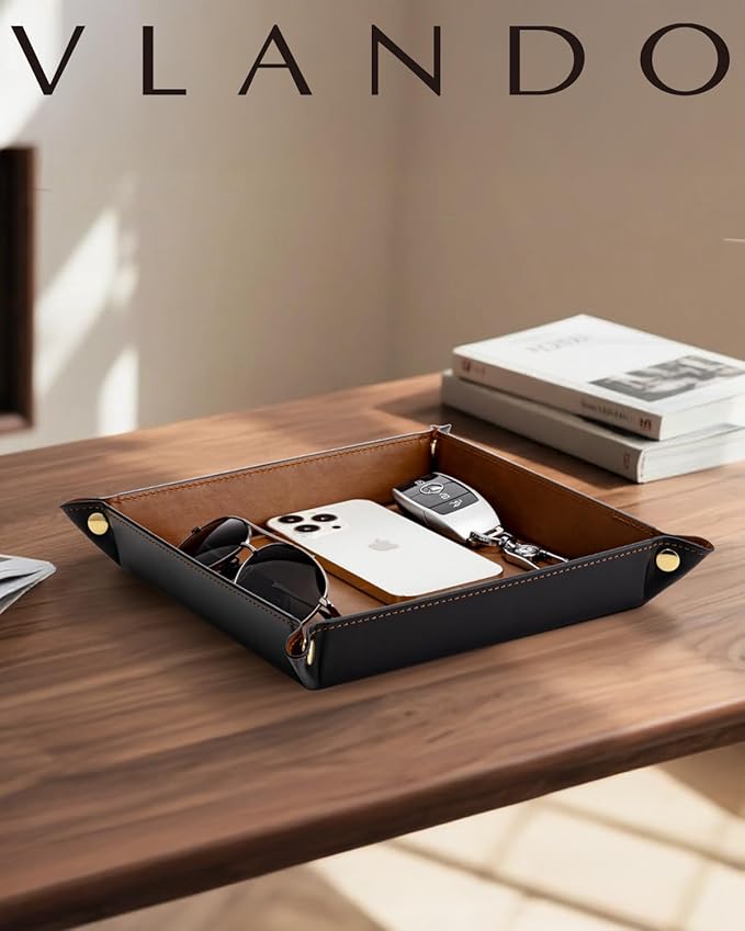 Valet Tray for Men Women, Nightstand Organizer Vanity Catchall Holder for Dresser Desk Storage Bedside, Travel PU Leather Jewelry Key Bowl Coin Watches and Candy Entryway Tray - Large, Light Brown