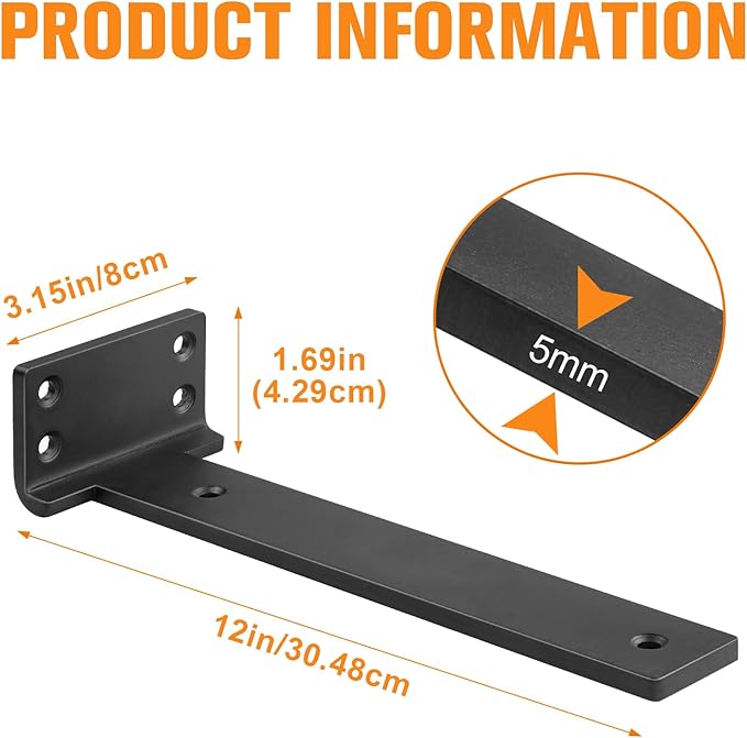 Floating Shelf Brackets 12 inch 10 Pack L Brackets for Shelves Black Metal Heavy Duty Shelf Bracket for DIY Decorative with Mounting Hardware