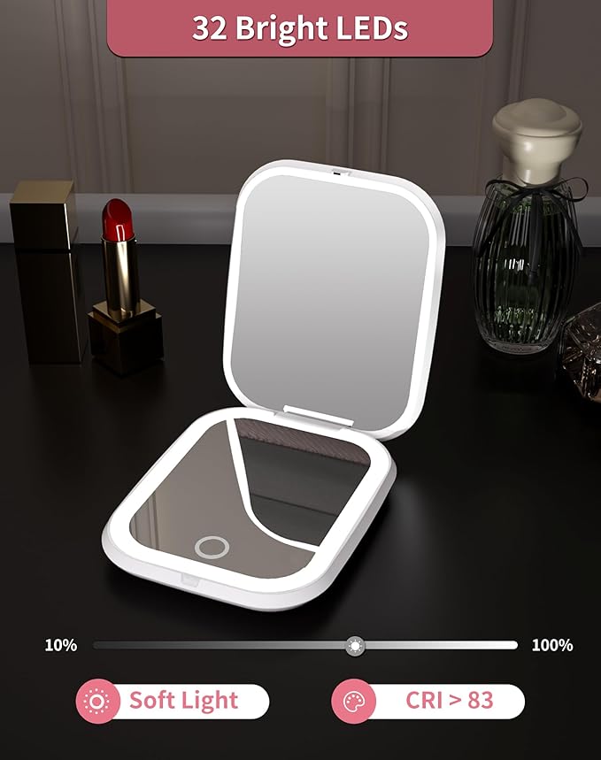 WOBSION Rechargeable 5X Magnification LED Travel Makeup Mirror,Dimmable Portable Compact Mirror for Pocket,Purses and Handbag,Gift,White