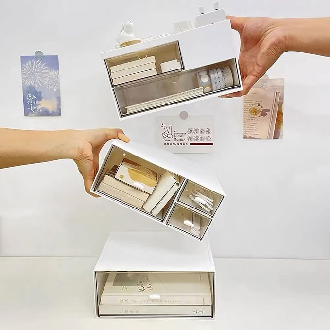 Desk Drawer Organizer, Desk Storage Box with 2 Drawers and 4 Compartments, Multifunctional Desk Accessories & Countertop Organizers for Office School Home (White）