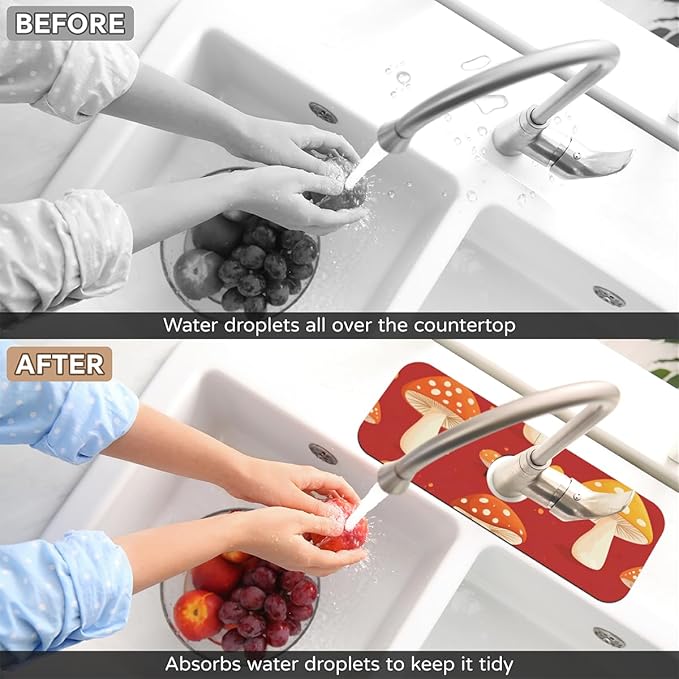 1 PC 15.4*5.7 Inch Absorbent Faucet Mat for Kitchen Sink Diatomaceous Earth Tailored Sink Splash Guard for Bathroom Kitchen Red Mushroom