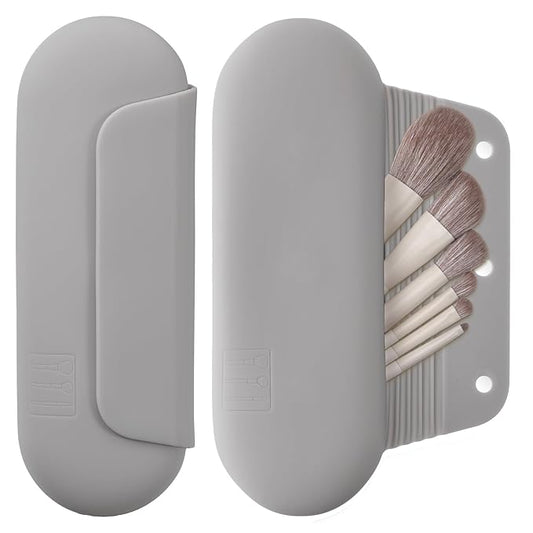 AGIKET Silicone Makeup Brush Holder Travel Cosmetic Bag: Soft Portable Cosmetic Face Brushes Holder with Upgrade Anti-Fall Out Magnetic Closure, Large Travel Makeup Brush Case - Stone