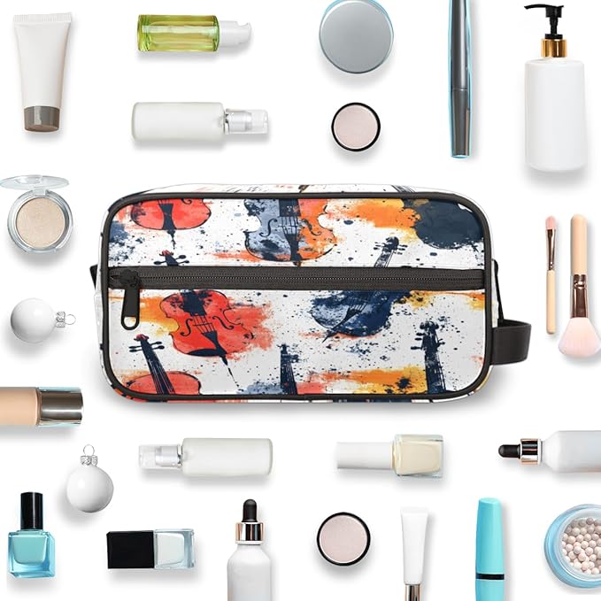 Violin Splash Art Travel Toiletry Bag for Women, Waterproof Cosmetic Makeup Bag with PU Handle & Zipper, 2 Compartment Portable Shaving Bag for Bathroom, Gym, Business Trips