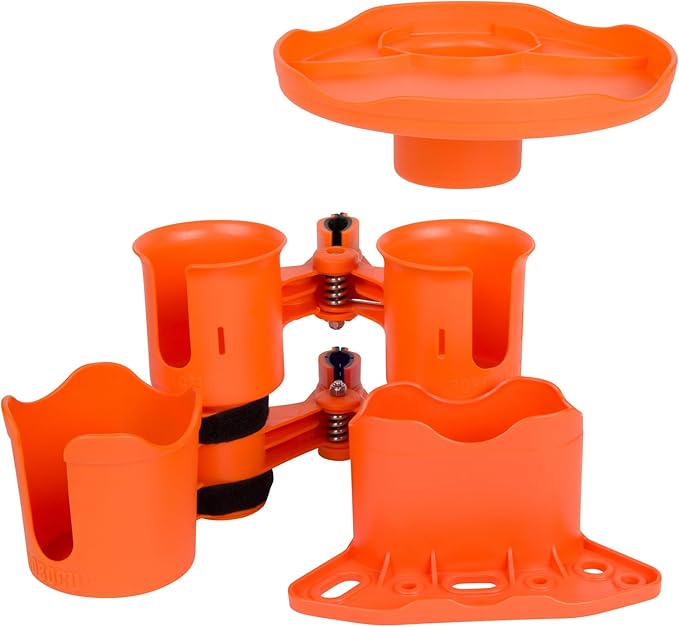 ROBOCUP, (Orange), Patented Clamp On Boat Cup Holder |Multifunction Dual Drink Caddy for Fishing Poles, Tools, Net, Gaff |Portable Storage for Boating, Beach, Umbrellas, Golf Carts, Strollers