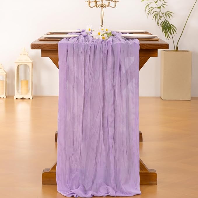 Socomi 10pcs Lilac Purple Lavender Cheesecloth Table Runner Boho Rustic Gauze 120 inch 10FT Cheese Cloth Sheer Runner for Wedding Party Baby Shower Birthday Home Decor Holiday Decorations