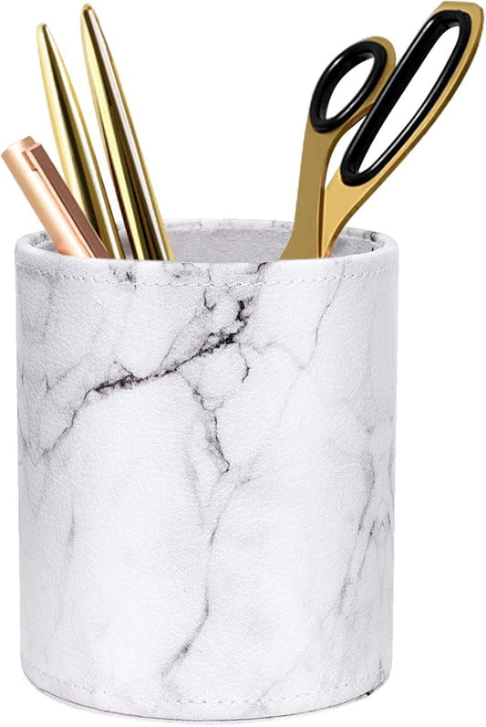 WAVEYU Pen Holder, Cup for Desk Marble Pattern Pencil Holder for Adults Kids Luxury Leather Desk Organizer Makeup Brush Holder for Office, Classroom, Home, Marble