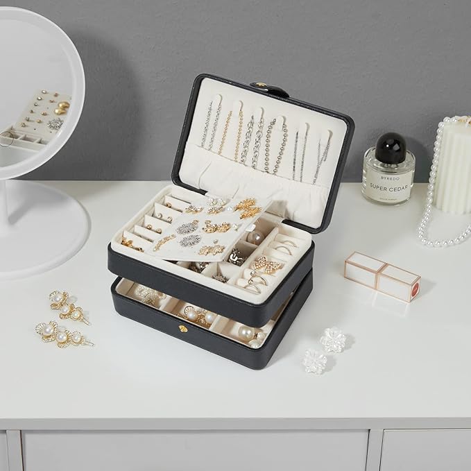 Travel Jewelry Organizer, PU Leather Small Jewelry Organizer for Women Girls, 2 Layers Portable Travel Jewelry Case for Stud Earrings, Rings, Necklaces, Bracelets(Black+Small)