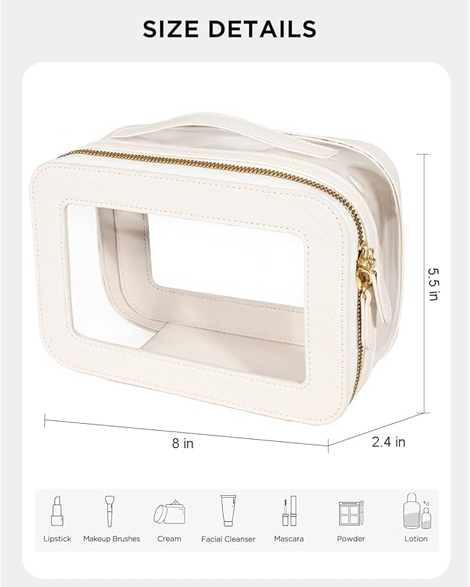 Clear Makeup Bag for Women, Small Portable Clear Makeup Bag Cute Waterproof Travel Cosmetic Case Makeup Pouch TSA Approved Toiletry Bag Women Traveling Car Organizer Car Essentials (White, Standard)