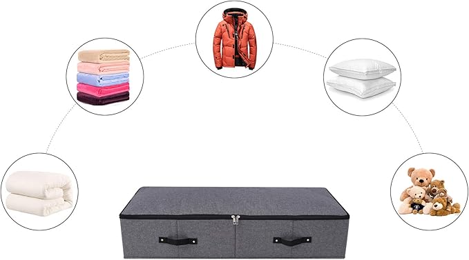Omygarden Foldable Fabric Sturdy Under Bed Storage Box with 6 Handles, Zipper Lid, Blankets Clothes Comforters Storage Bin Organizer for Bedroom and Closet, 35x 16.5 x 7inch, Black Grey