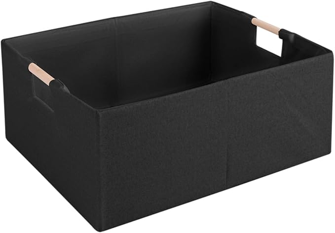 Fabric Storage Bin Box Foldable Cotton Linen Storage Basket with Wooden Handles Rectangular Cube Decorative Home Laundry Organizer Clothes Blanket Container – Black, Medium