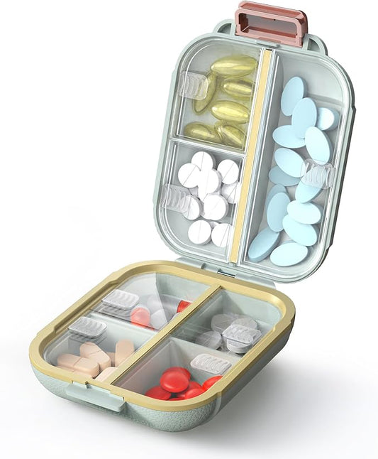 Portable Pill Organizer, Pill Box with 7 Compartments, Small Pill Case for Travel, Daily Medicine Pill Organizer with Air-Tight Lid, BPA-Free Material Small Pill Container (Green)