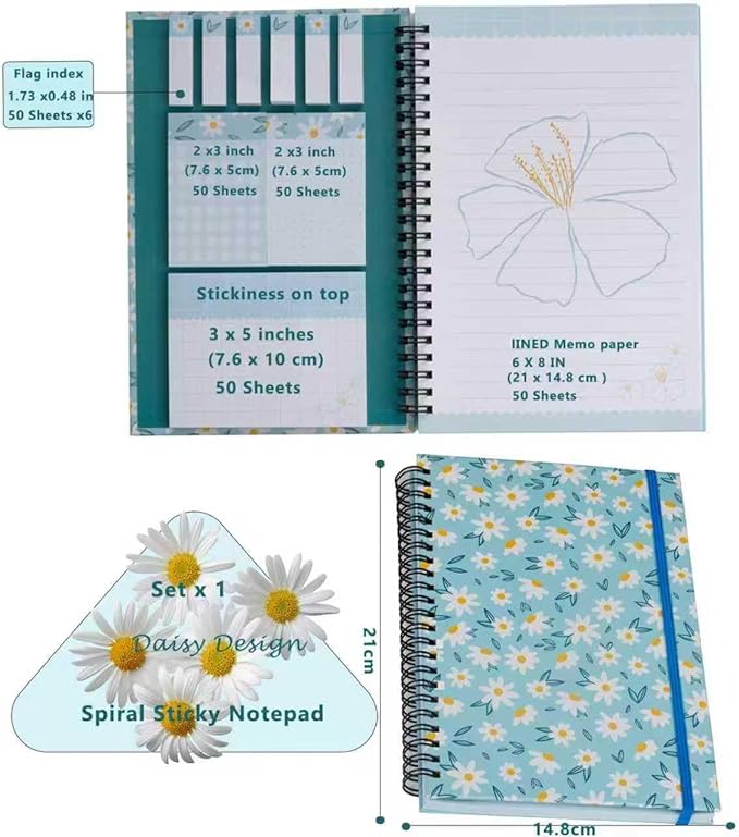 A5 Spiral Sticky Notebook,with 9 pads of decorated sticky notes and a handy notebook,Note Pads Teacher Appreciation Gift Writing Memo Pads School Office Supplies and Daily Life Organization (Daisy)