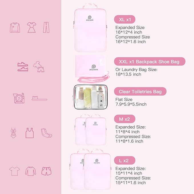 PFEYRPK Lightweight Compression Packing Cubes for Suitcases, Compressible Expandable Travel Packing Organizer with Clear Toiletries and Backpack Bag, Travel Essentials for Carry-on Luggage 7 Set