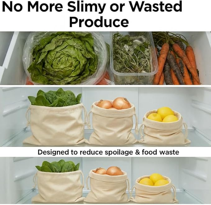 100% Reusable Cotton Produce & Bread Storage Bags, Pack of 6 (2 L, 2 M, 2 S), Breathable Muslin, Vegetable, Fruit Bags with Drawstring | Eco-Friendly Fridge & Kitchen Storage | Reusable, Eco-Friendly | Pure Cotton Material
