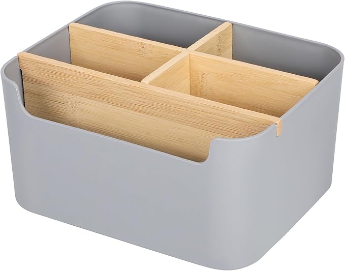 Segarty Gray Desk Storage Organizer, Detachable Divided Bamboo Remote Control Holder Caddy, Desktop Pen Pencil Holder Container Box for Office Supplies Home Bedside Table