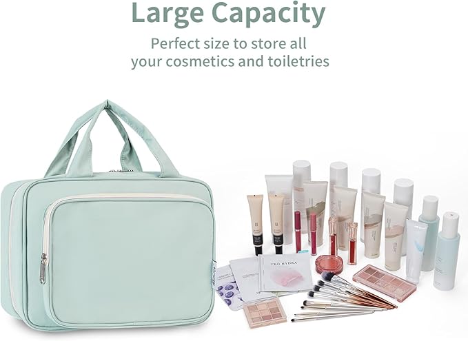 Narwey Travel Toiletry Bag for Women Large Hanging Makeup Bag Organizer Toiletries Bag for Full Size Essentials Accessories Cosmetics (Mint Green (Large))