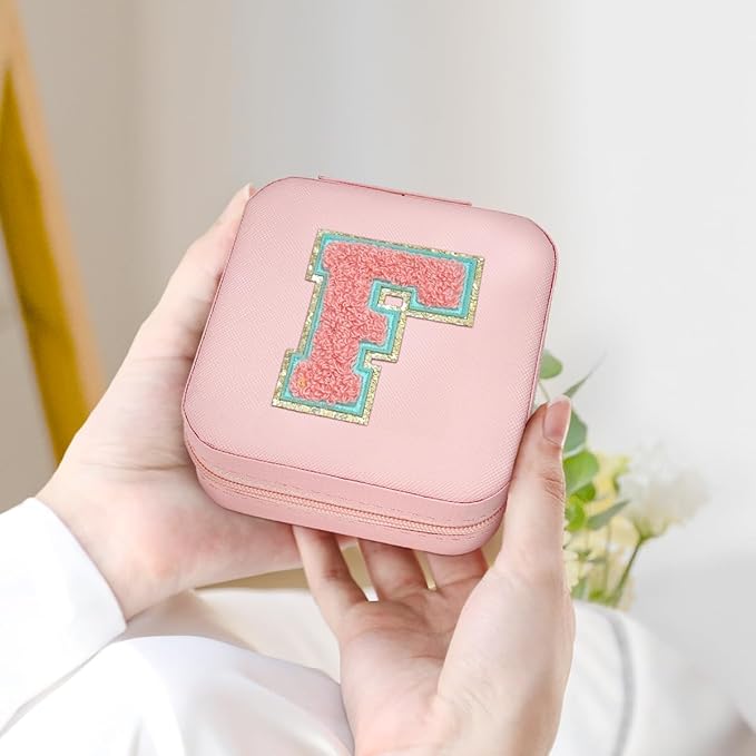 SANDJEST Personalized Jewelry Box, Pink Travel Jewelry Box with Initial F, Small Monogrammed Jewelry Case Organizer for Girls Women Teen Kids, Mini Travel Essentials Gifts for Birthday Christmas