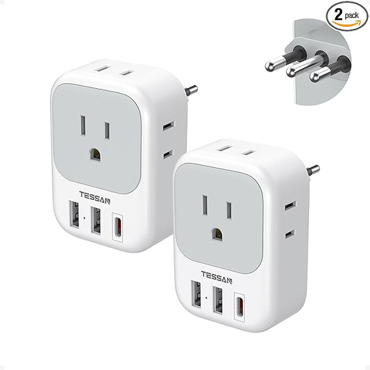 Italy Travel Plug Adapter 2 Pack, TESSAN Italy Power Adaptor with 4 Outlets 3 USB Charger(1 USB C PD 20W), Type L Adapter for US to Chile Libya Syria Tunisia Uruguay