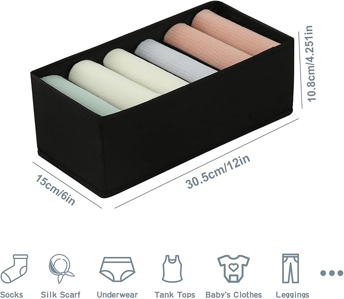 Qozary 3 Pack Sock Underwear Drawer Organizer Dividers, Non-Woven Fabric Collapsible Cabinet Closet Storage Boxes for Clothes, Socks, Lingerie, Underwear, Tie, Belt, Baby, Bedroom (Black, 6 Cells)