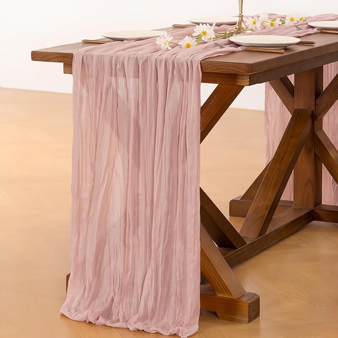 Socomi 2pcs Pink Cheesecloth Table Runner Summer Boho Rustic Gauze Dusty Pink Farmhouse 120 inch 10FT Cheese Cloth Sheer Runner for Wedding Party Baby Shower Birthday Home Decor