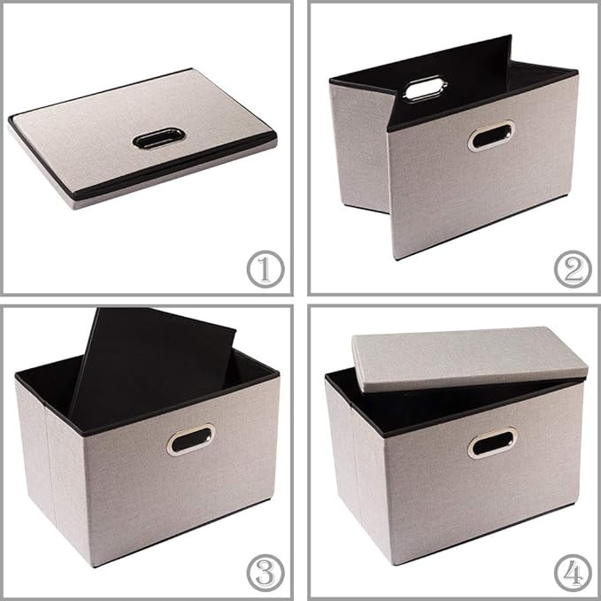 PRANDOM Foldable Storage Bin with Lid [3-Pack] Linen Fabric Decorative Storage Box Organizer Container Basket Cube with Handles Divider for Closet Office Living Room Light Grey (14.9x9.8x9.8)