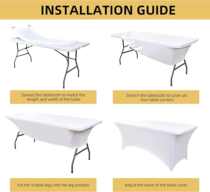 ZarzaaSik 10-Pack 8ft White Spandex Table Covers for Rectangle Folding Tables - Washable Elastic Tablecloth - Ultimate Fitted Table Protector for Parties, Trade Shows, Banquet, and Wedding