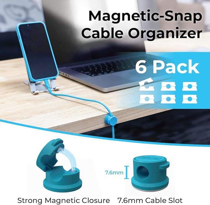 BLACK+DECKER Magnetic Cord Organizer Holder, 6 Pack Magnetic Cable Clips, Under Desk Cable Management, Strong Adhesive Cord Holder for Nightstand Kitchen Appliances Car Wall Office, Phone Wire Keeper
