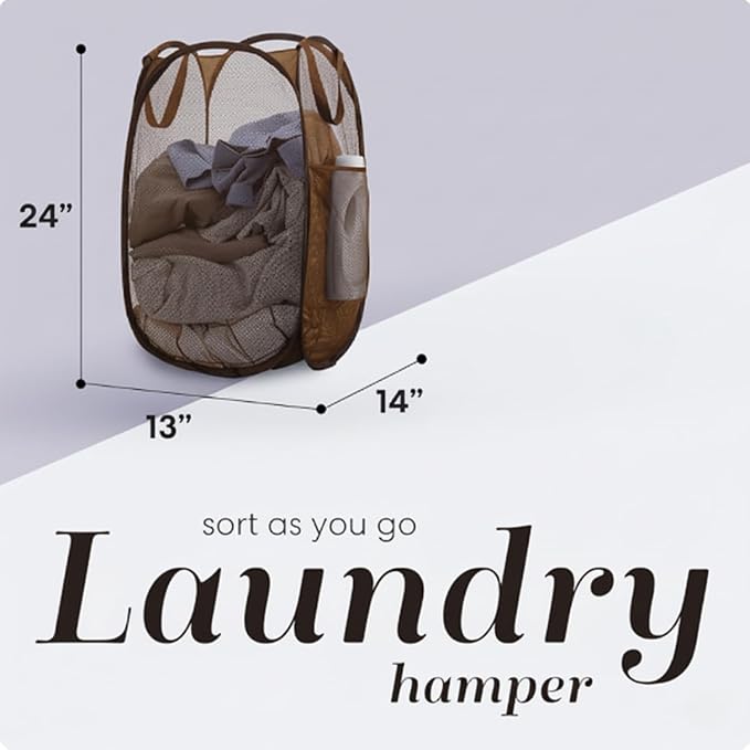 Handy Laundry Collapsible Mesh Pop Up Laundry Hamper with Side Pocket, Breathable & Space-Saving Foldable Basket for Clothes, Toys, Travel, Storage, 14 x 13 x 24 in, Brown
