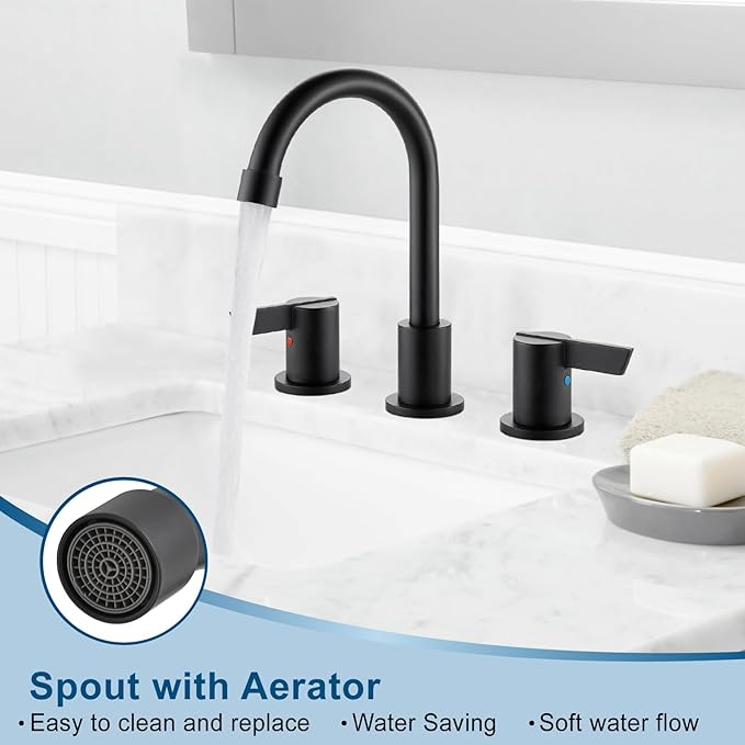 Cinwiny Bathroom Sink Faucet 3 Hole, 8 Inch Widespread Bathroom Sink Faucet with 2 Handles, Pop-up Drain & Hair Catcher Included for Vanity RV Farmhouse Sink, Matte Black