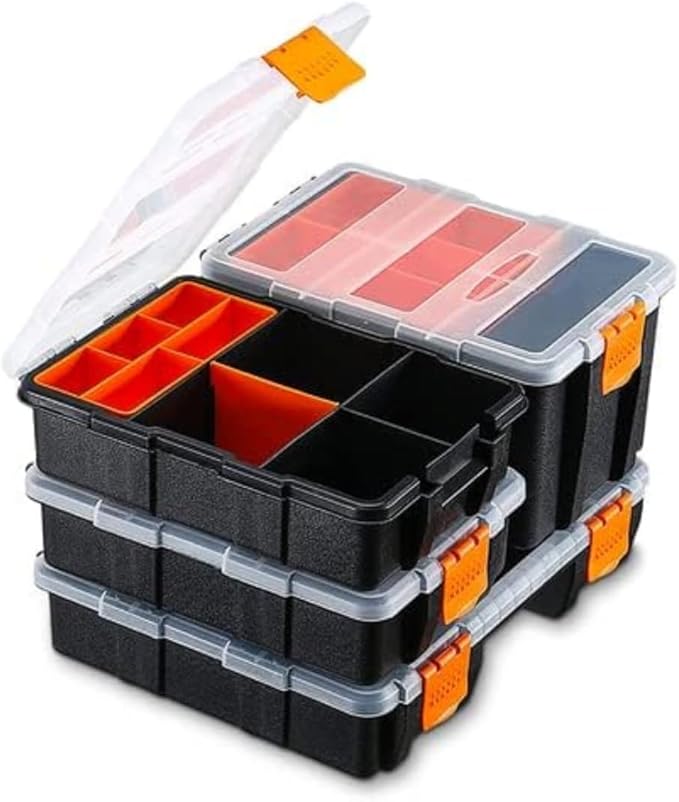 Andalus Tools Organizer Box, Small Parts Storage Multi-Compartment Portable Hardware Organizer Removable Plastic Dividers for Screws, Nuts, Bolts, Nails – Orange (4 Set, 12.2" x 9.1" x 7")