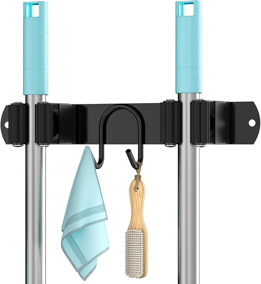 Broom Holder Wall Mount, Stainless Steel Mop and Broom Organizer, Broom Hanger with 2 Slots 2 Hooks for Home Kitchen, Garage, Garden and Laundry Room, Black