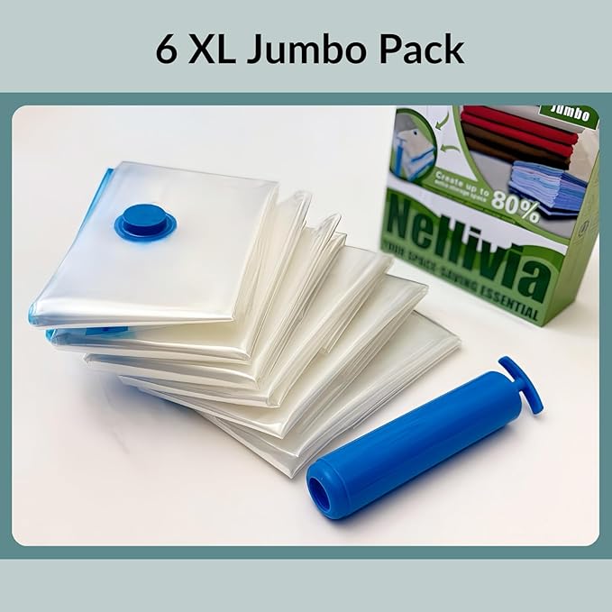 6 XL Jumbo Vacuum Storage Bags with Pump, Extra Large Compression Space Saver for Comforter, Duvet, Blanket, Bedding Storage, Vacuum Seal Bags for Clothing, Luggage Closet Organizer