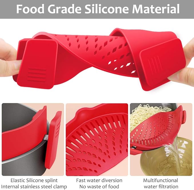 YEVIOR Clip on Strainer for Pots Pan Pasta,Silicone Food Strainer Hands-Free Pan Strainer, Clip-on Kitchen Food Strainer for Spaghetti, Pasta, Ground Beef Fits All Bowls and Pots (Red)