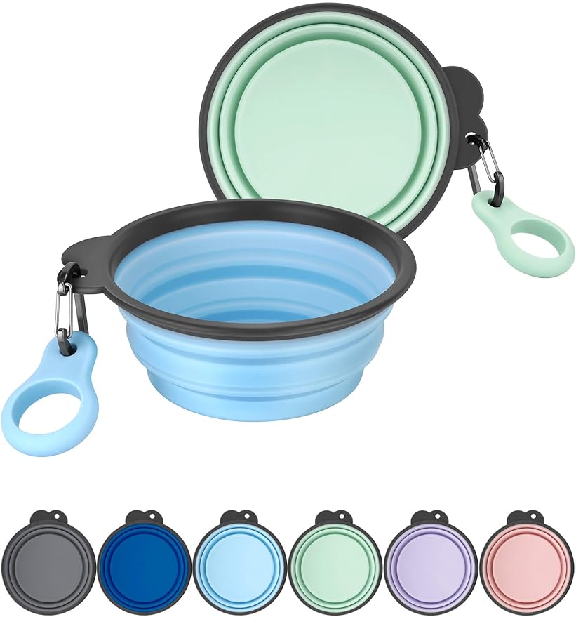 Aonkey Collapsible Dog Bowls with Bottle Carrier, 2 Pack Travel Dog Water Bowl Upgraded Carabiner, One-Piece Molded Rim No Fall Off or Crack 37oz, Blue & Green