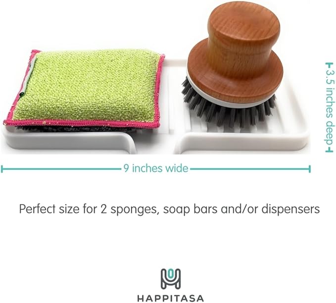 Happitasa Silicone Soap Dish Tray and Sponge Holder with Drain Chute | Bathroom and Kitchen Sink Organizer Caddy (Pistachio, 9"x3.5", 5.6 Ounces)
