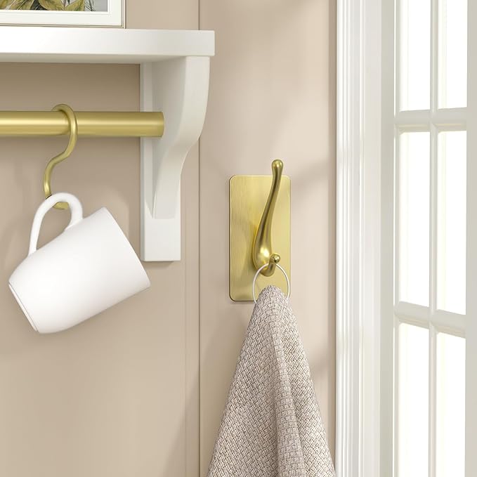 JCHOUS Towel Hooks, Solid Alloy Adhesive Wall Hooks for Hanging, Towel Hooks for Bathroom, RV, Kitchen, Closets, etc (Gold, 2 Pack)
