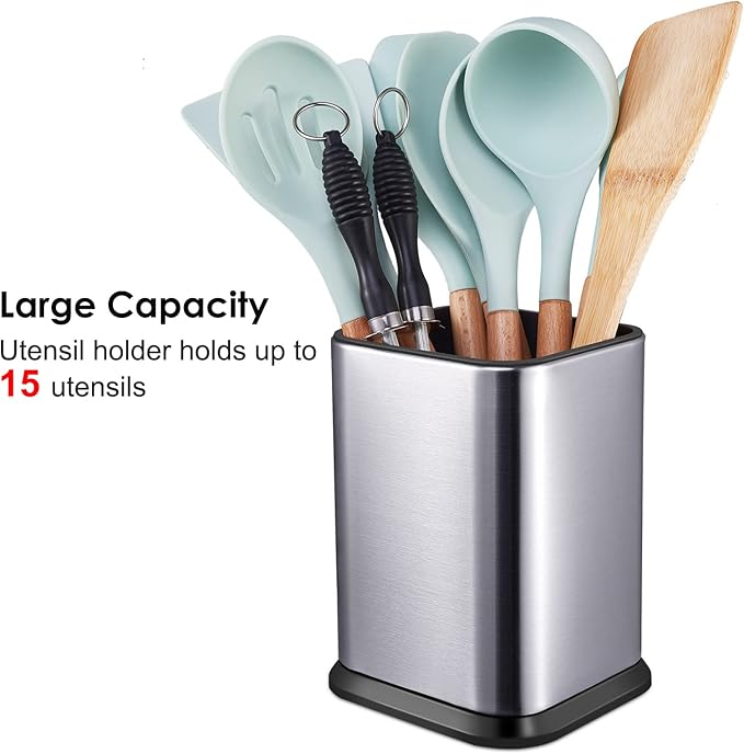 RedCall Stainless Steel Kitchen Utensil Holder for Countertop, Spoon Spatula Organizer, Modern Rectangular Large Cooking Utensil Caddy Counter, Utensil Crock Silver