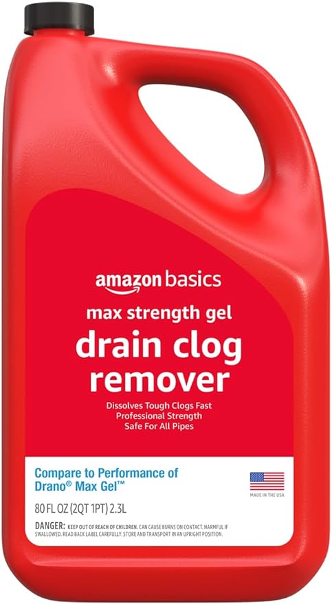 Amazon Basics Max Strength Drain Cleaner Gel, Hair Clog Remover, Dissolves Grease, Safe on All Pipes, 80 Fl Oz