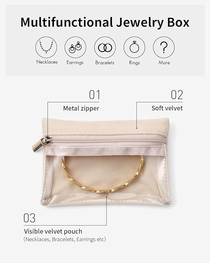 Vlando 6 Pcs Travel Jewelry Organizer Velvet Jewelry Pouch with Zipper Clear Travel Jewelry Bag for Travel Business Trip Jewelry Pouch for girls Mothers Day Gifts for Mom