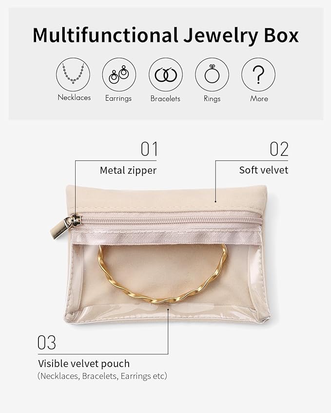 Vlando Velvet Jewelry Pouch with Zipper - Clear Travel Jewelry Bag Organizer for Business Trips & Gifts