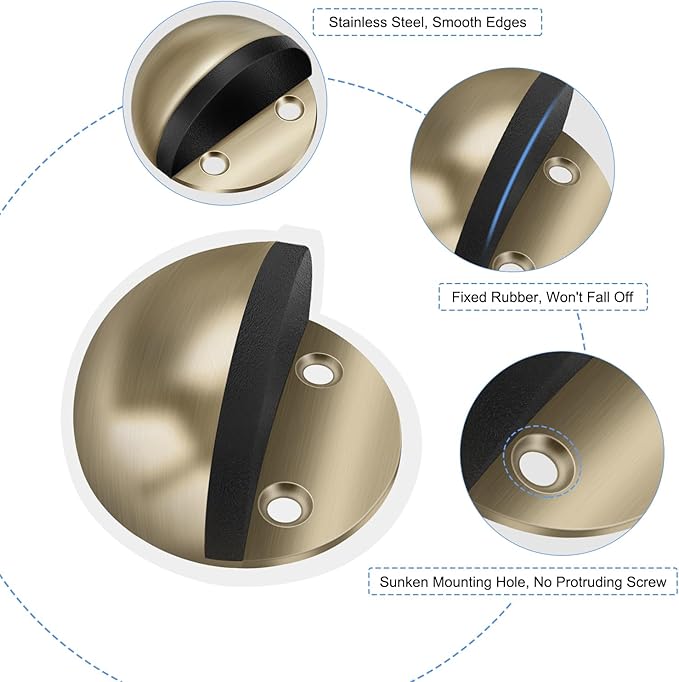 2 Pack Door Stop, Adhesive Door Stoppers Floor Mounted Door Stops No Drill Doorstop Stainless Steel with Rubber Bumper Wall Protector for Home Office, Brushed Bronze
