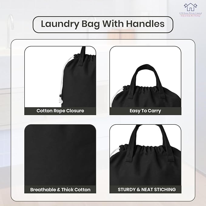LFH Home Large Premium Cotton Canvas Laundry Bag with Drawstring and Handles, Heavy Duty, Multi-Use, and Washable for Home, Travel, College or Storage, 24x36 (Pack of 4)-Black